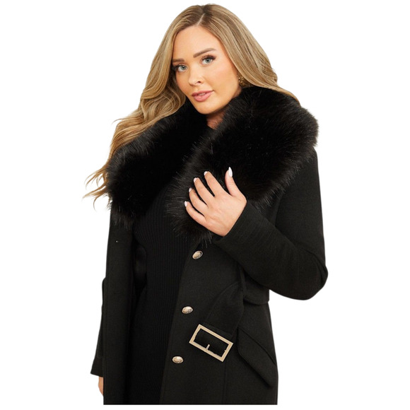 $380 NWT Marciano Loreta Women’s Wool Blend Belted Coat Size 8 Black Fur Collar - Picture 2 of 16